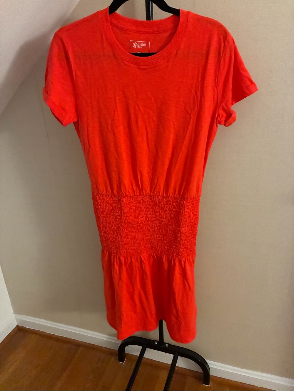 Candace Cameron Bure Bright Red Smocked-Waist Tee Dress - size XS